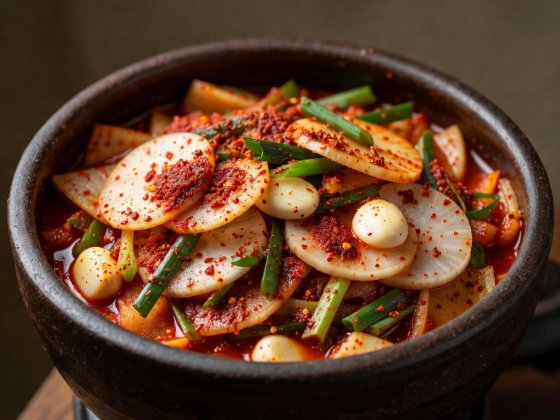 Artisanal prepared Kimchi with red gochugaru seasoning, radishes, garlic, and scallions in a fermentation vessel