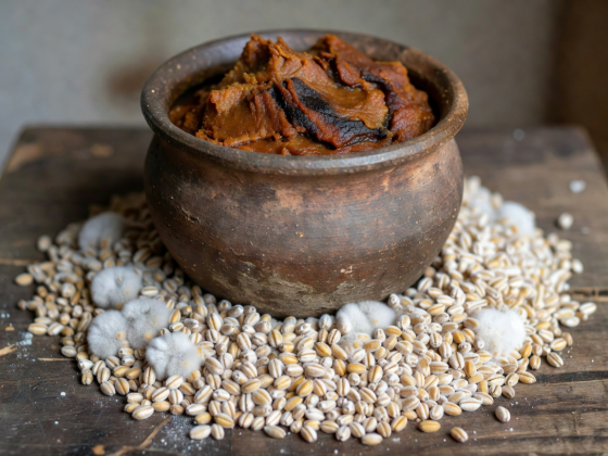 Clay pot of aged organic miso surrounded by koji inoculated barley grains