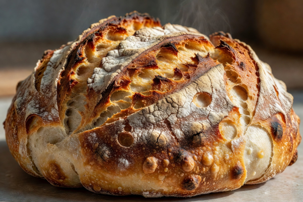 Crisp blistered crust of a freshly baked wild yeast sourdough boule