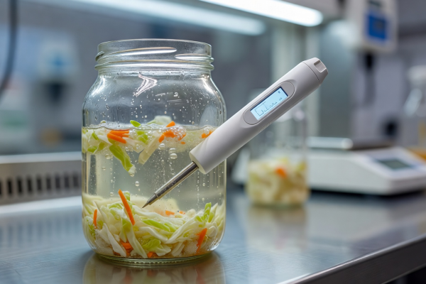 Digital laboratory pH testing pen measuring the acidity of fermenting vegetables