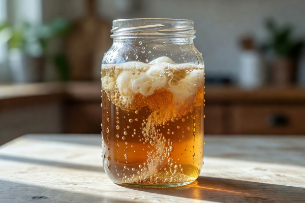 Effervescent glass jar of organic brewed kombucha tea with living cellulose pellicle