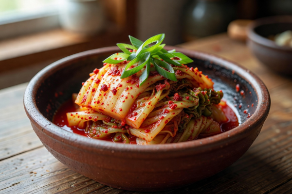 Fresh artisan baechu kimchi with scallions and gochugaru flakes in earthen stoneware