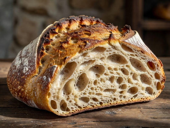 Fresh artisan sourdough loaf with open open crumb structure, blistered golden crust, and dusted flour