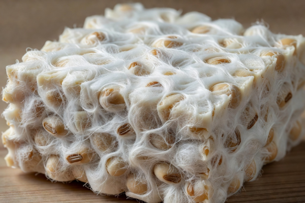 Fresh dense white mycelium block of fermented organic soybean tempeh