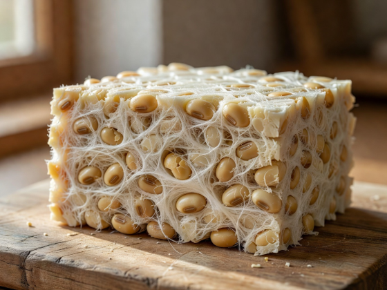 Freshly cut block of homemade organic tempeh with thick white mycelium binding soybeans