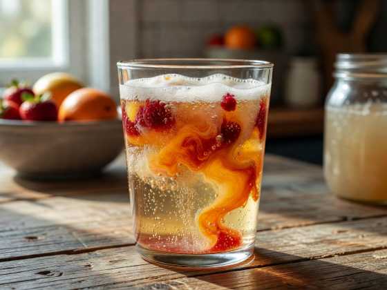 Freshly poured glass of sparkling organic kombucha with fermented fruit purees