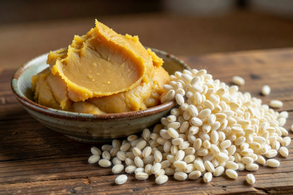 Rich golden shiro miso paste alongside inoculated koji rice grains