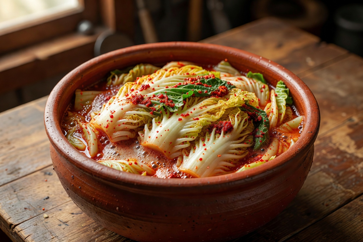 Vibrant artisan kimchi crock filled with lacto-fermenting Napa cabbage and gochugaru chili paste